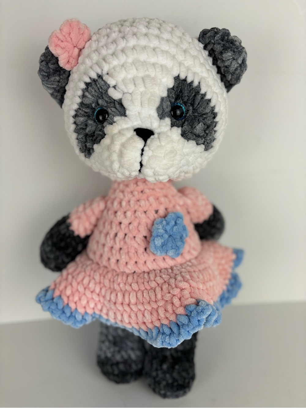 Handmade Amigurumi Panda Girl with Pink Dress w/Blue Flower-Plush/Stuffed-16”